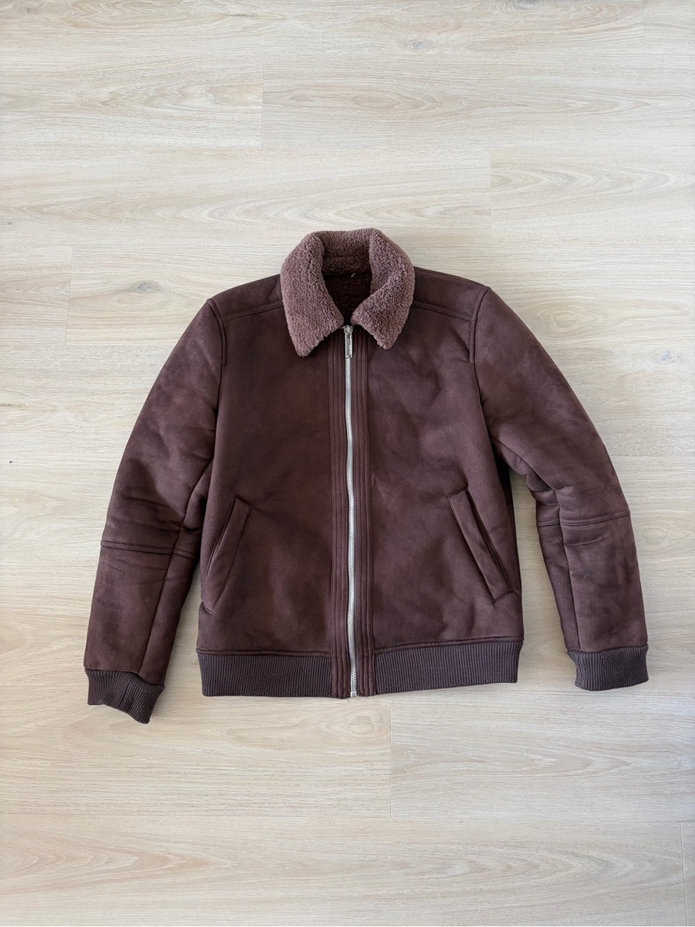 Men's Brown Shearling Collar Bomber Jacket Size L